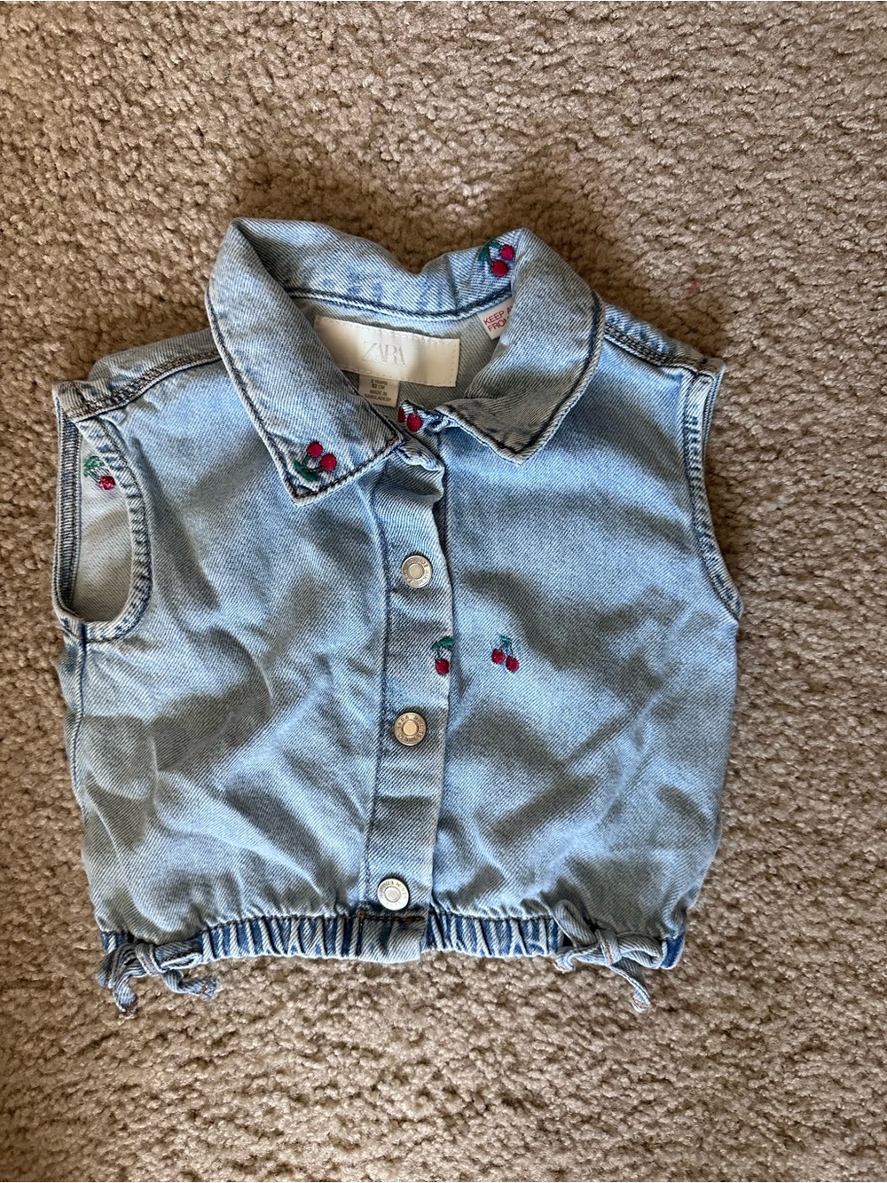 Zara Light Blue Denim Sleeveless Top with Cherry Accents